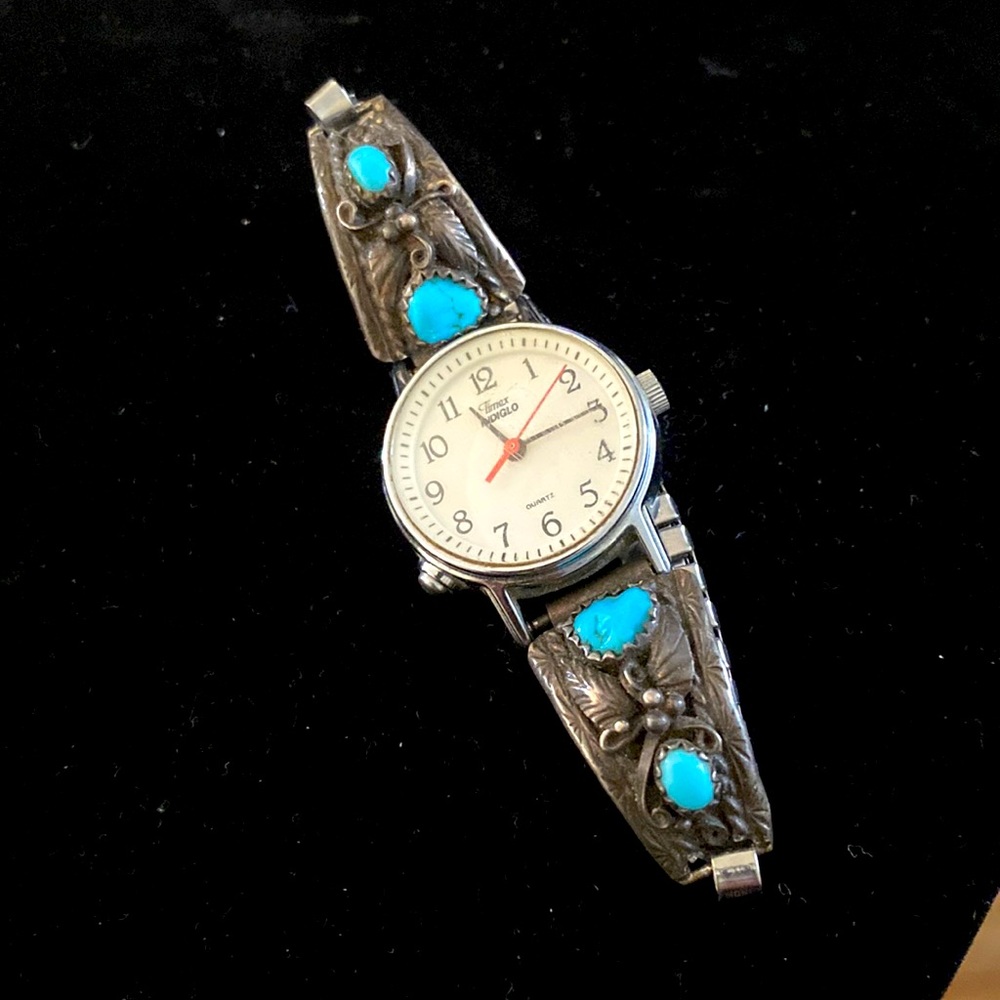 - - Vintage Navajo sterling silver and turquoise watch band.